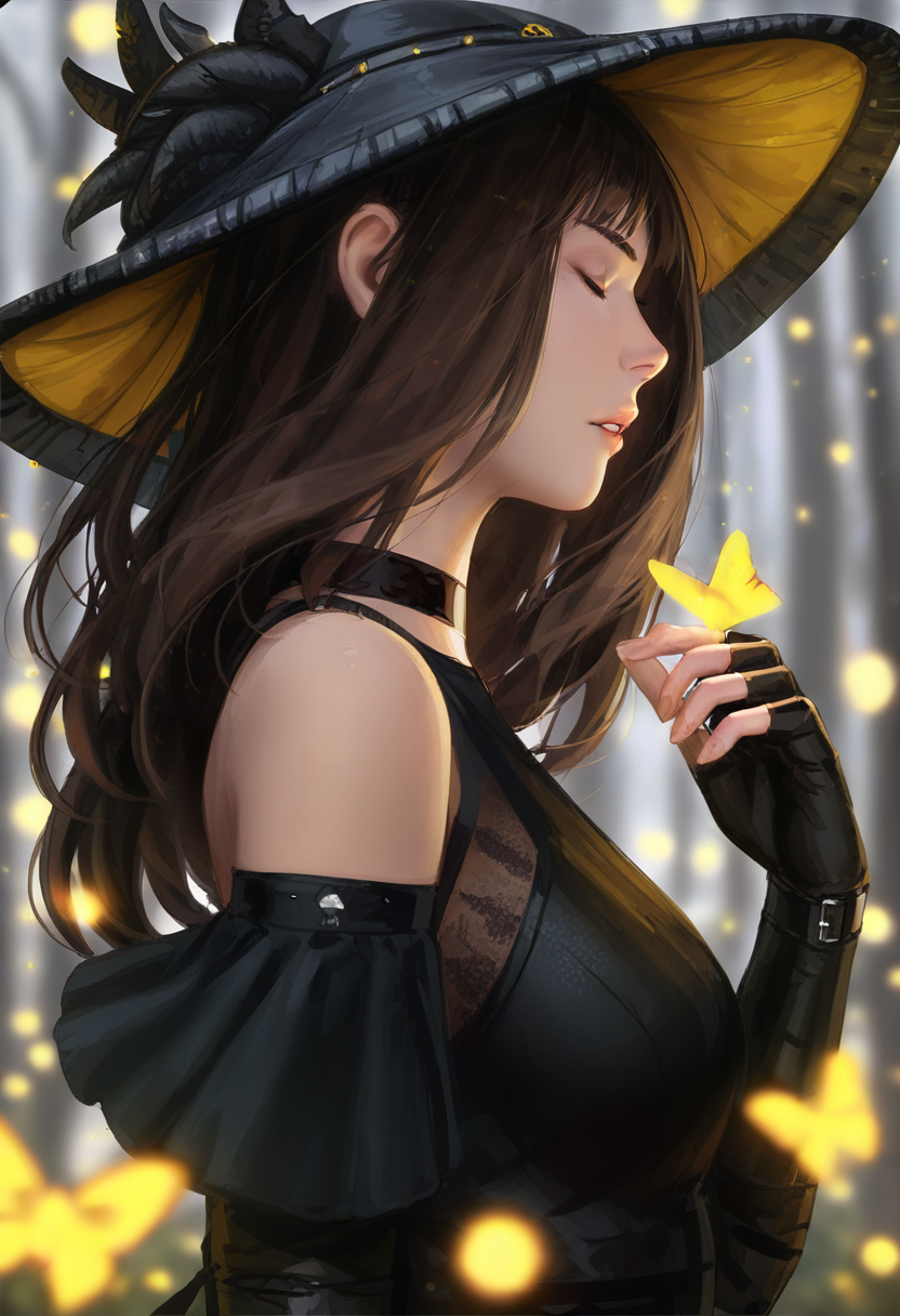 01293-2680157365-1girl, hat, gloves, solo, fingerless gloves, closed eyes, bug, butterfly, black gloves, blurry, long hair, upper body, choker, b.png